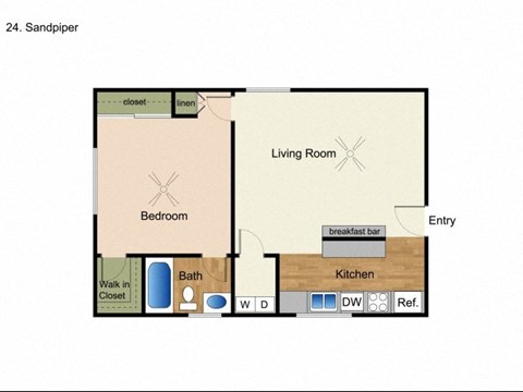 Floor plan for 1 bed, 1 bath, 500 sqft